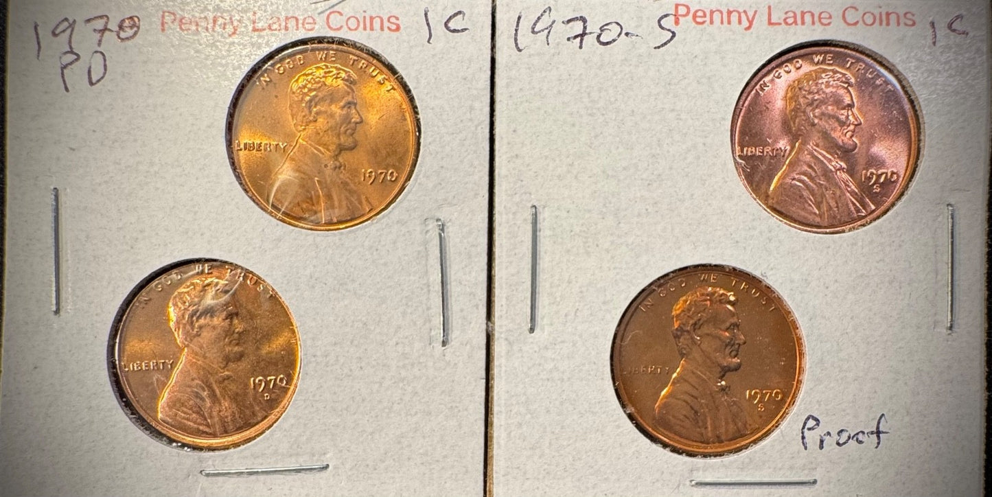 1970 P D S + S Lincoln Memorial Cent UNCIRCULATED + PROOF 4 Coin Lot0