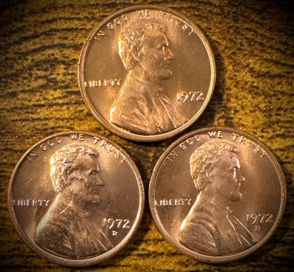 1972 Lincoln Memorial Cent P D S Uncirculated 3 Coin Lot From Original Rolls0