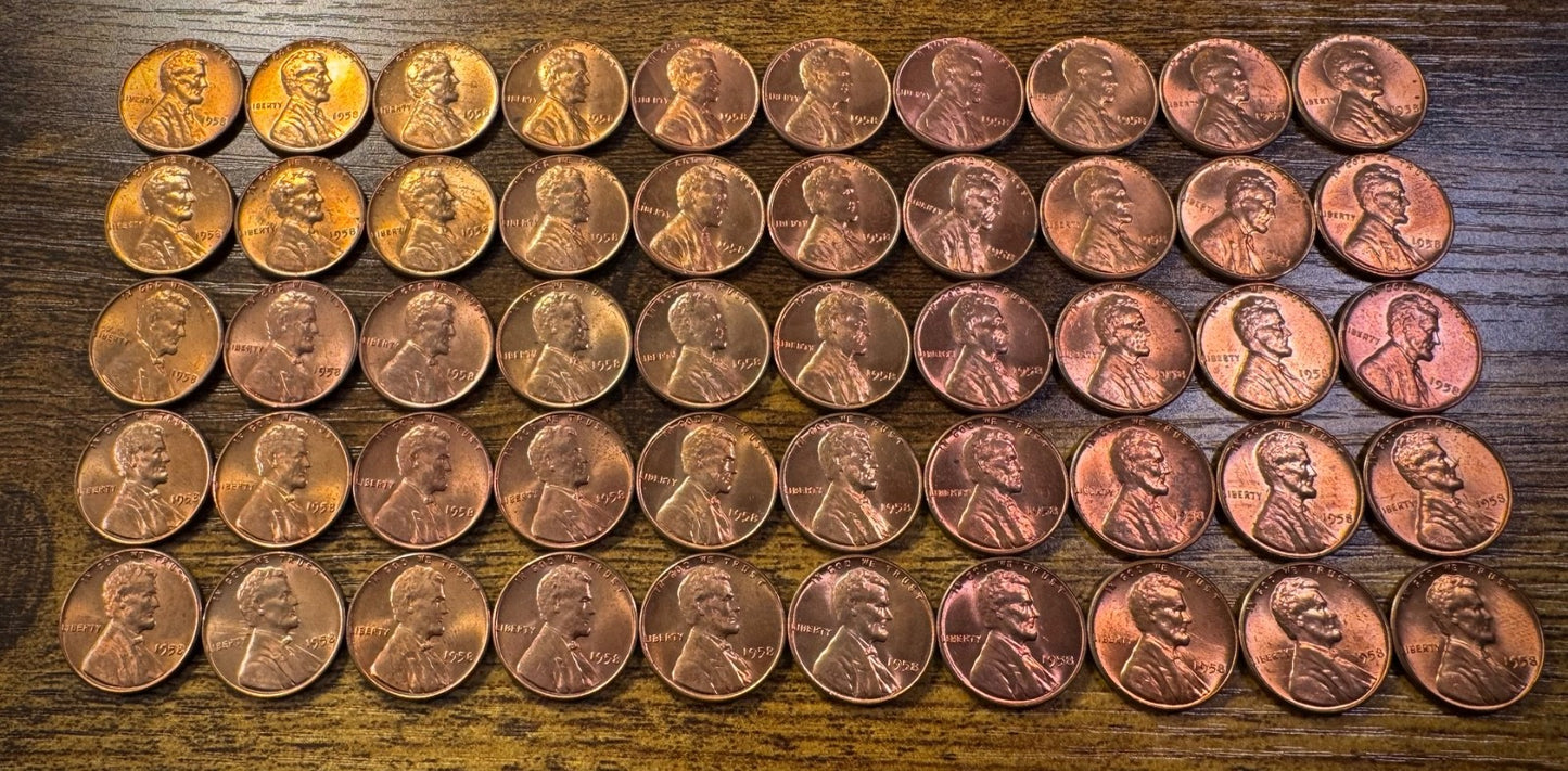 1958 Lincoln Wheat Cent Penny Red One (1) Uncirculated Roll With 50 Coins3
