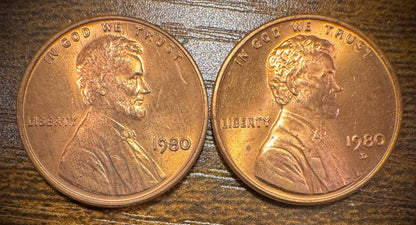 1980 P & D Lincoln Memorial Cent BU 2 Coin Set From Original Rolls0