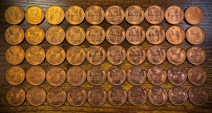 1939 Lincoln Wheat Cent GEM RED LUSTROUS Uncirculated Roll Of 50 Coins3