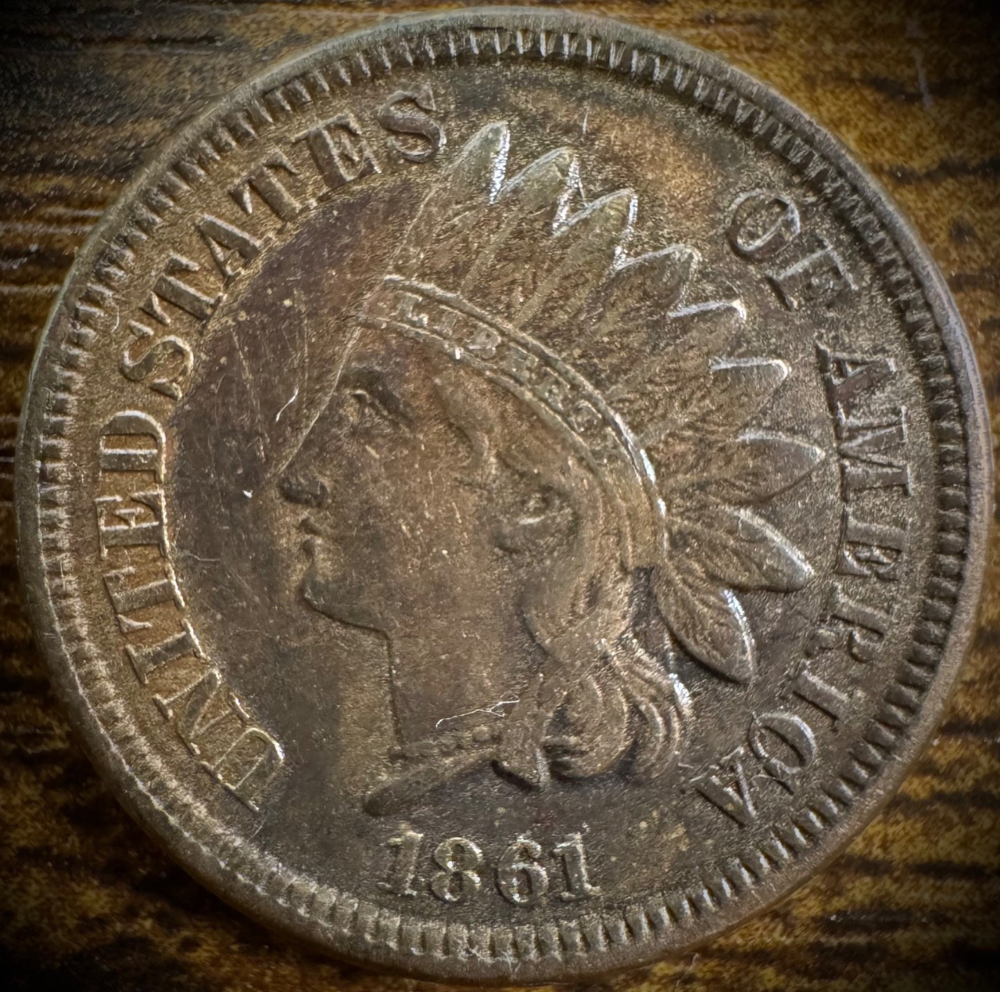 1861 Indian Head Cent Penny Copper-Nickel XF/AU SEE VIDEO MULTI-COLORED TONED0