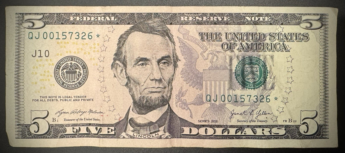 2021 $5 Five Dollar Federal Reserve Note Circulated Low Serial Star QJ00157326*0