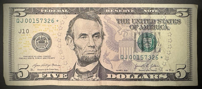 2021 $5 Five Dollar Federal Reserve Note Circulated Low Serial Star QJ00157326*0