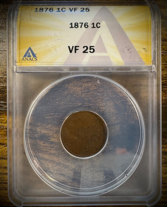 1876 1C Indian Head Cent Penny SEE VIDEO ANACS VF 25 SEMI-KEY Date0