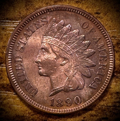 1890 Indian Head Cent Penny VIDEO 4 Diamonds Luster Orange Red Green Toned0
