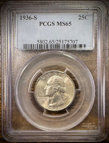 1936-S Washington Quarter PCGS MS65 BLAST WHITE GEM BU Brilliant Uncirculated0