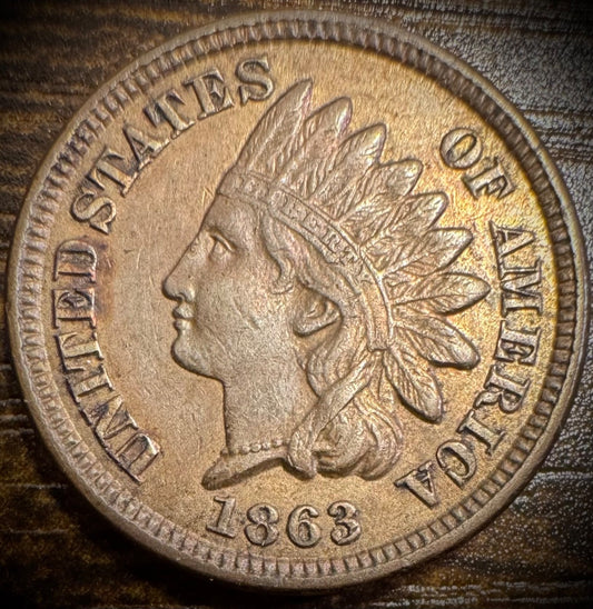 1863 Indian Head Cent Penny AU Copper-Nickel Liberty Diamonds Luster Beauty0