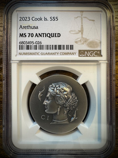 2023 Cook Islands $5 Arethusa 1 oz Silver coin NGC MS70 ANTIQUED With OGP0