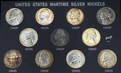 1942-1945 US Wartime Silver Nickel TONED BU Set 11 Coins Capitol Plastic Holder0