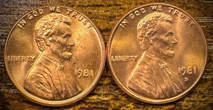 1981 P & D Lincoln Memorial Cent BU 2 Coin Set From Original Rolls0