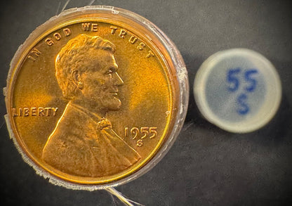 1955-S Lincoln Wheat Cent Penny RED LUSTROUS Uncirculated Roll Of 50 Coins8