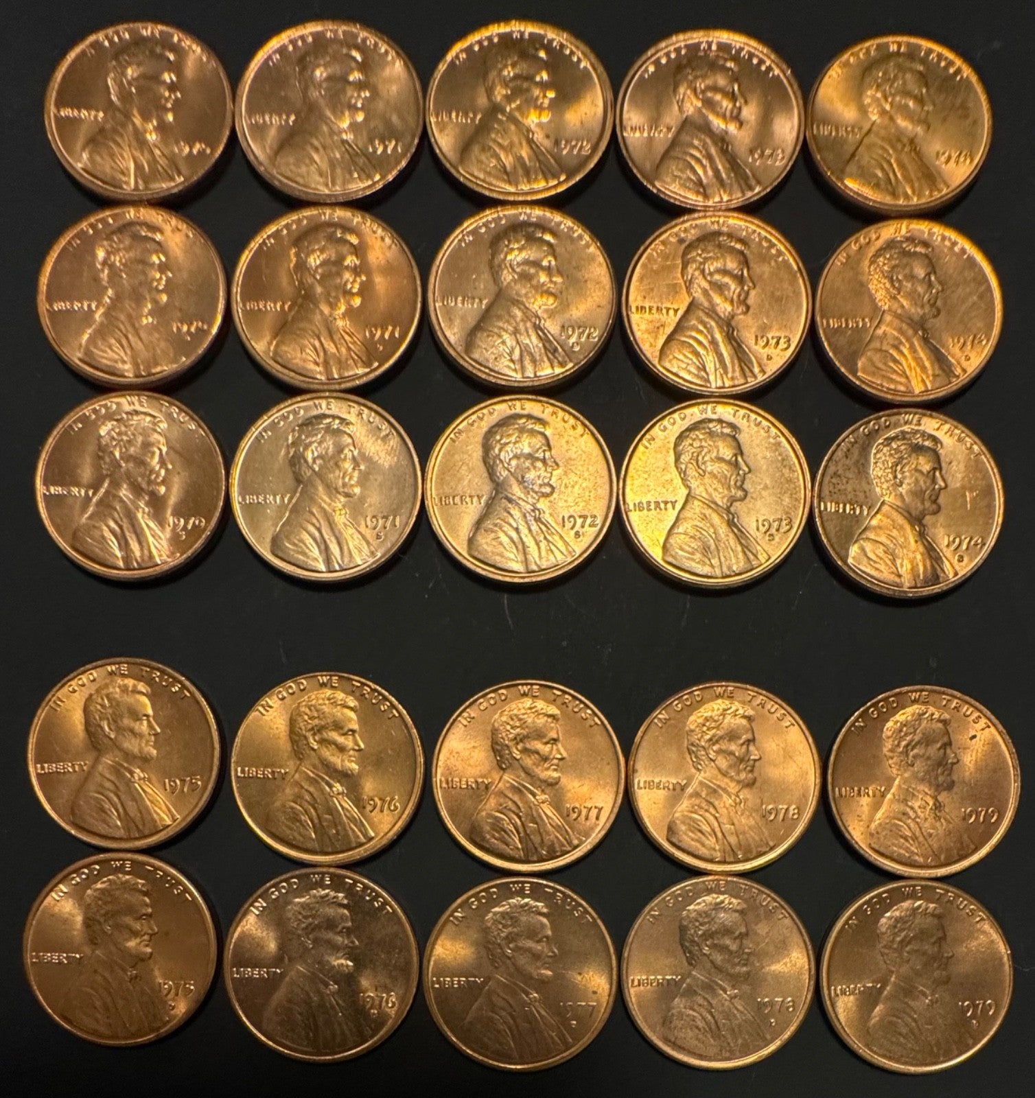 1970-74 PDS 1975-1979 PD Lincoln Memorial Cent Unc BU 25 Coin Lot Original Rolls0