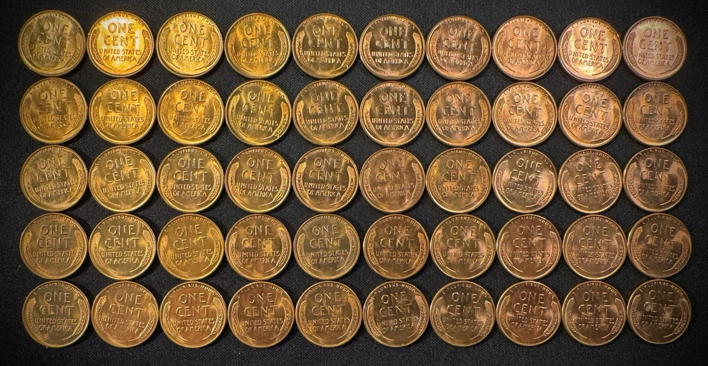 1955-S Lincoln Wheat Cent Penny RED LUSTROUS Uncirculated Roll Of 50 Coins2