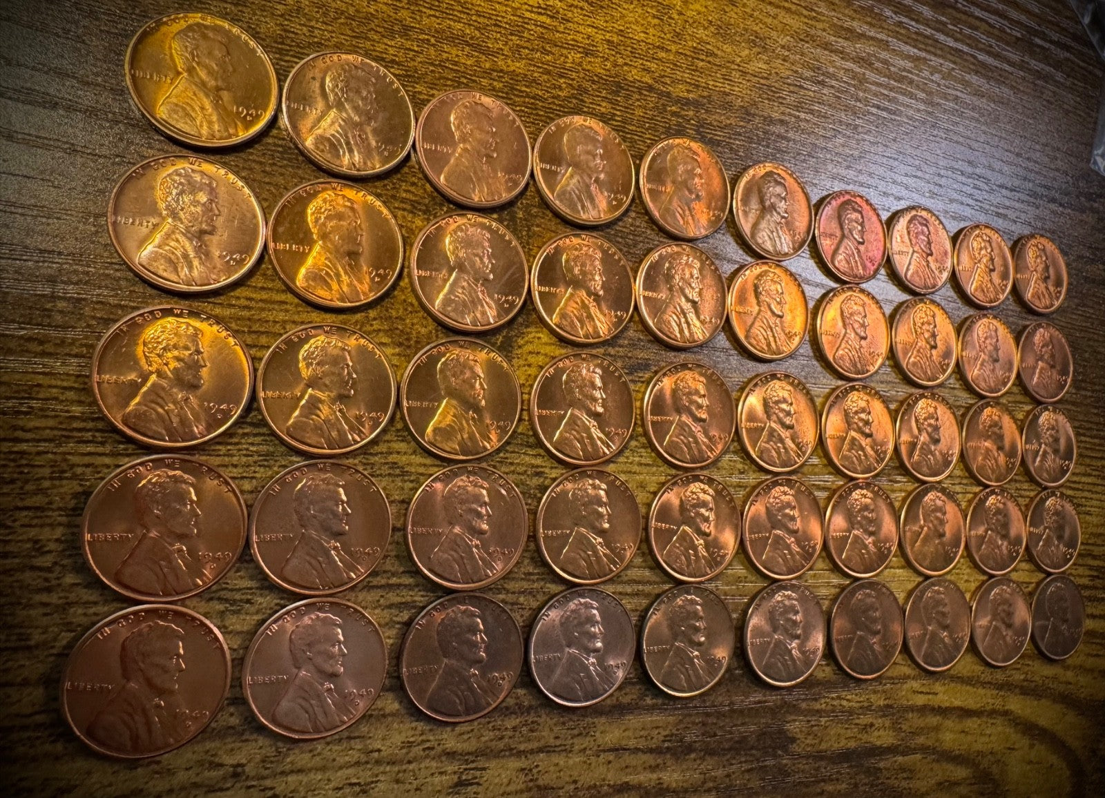 1949-D Lincoln Wheat Cent Penny Red Lustrous BU Uncirculated Roll Of 50 Coins2