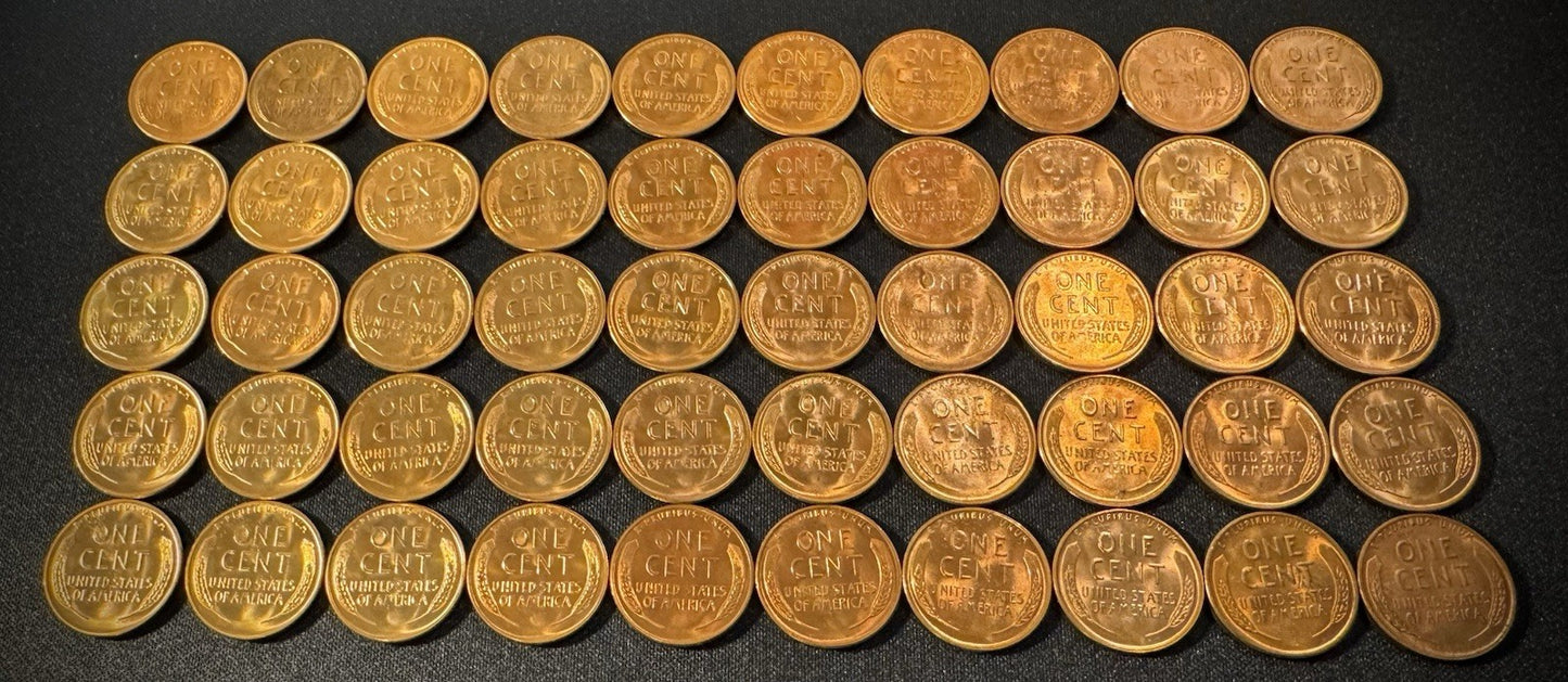 1955-S Lincoln Wheat Cent Penny RED LUSTROUS Uncirculated Roll Of 50 Coins5