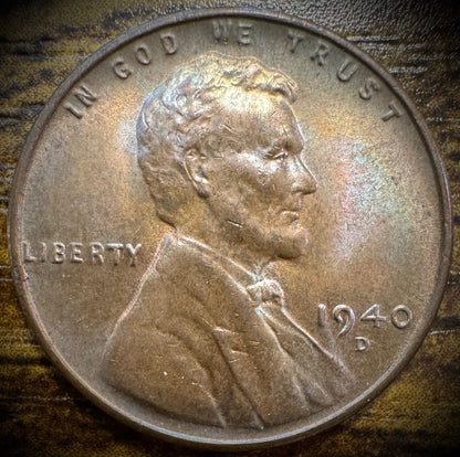 1940-D Lincoln Wheat Penny Cent Uncirculated MULTICOLORED TONING #20