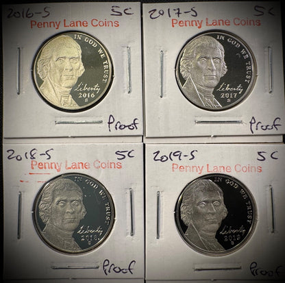 2016-2019 S Jefferson Nickel PROOF Coin Set Of 4 Consecutive Years2