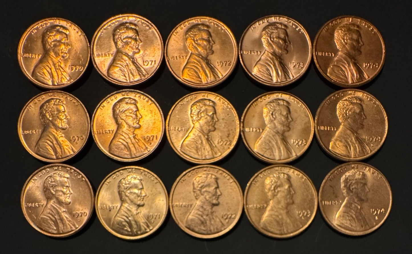 1970-1974 Lincoln Memorial Cent P D S Uncirculated 15 Coin Lot Original Rolls0