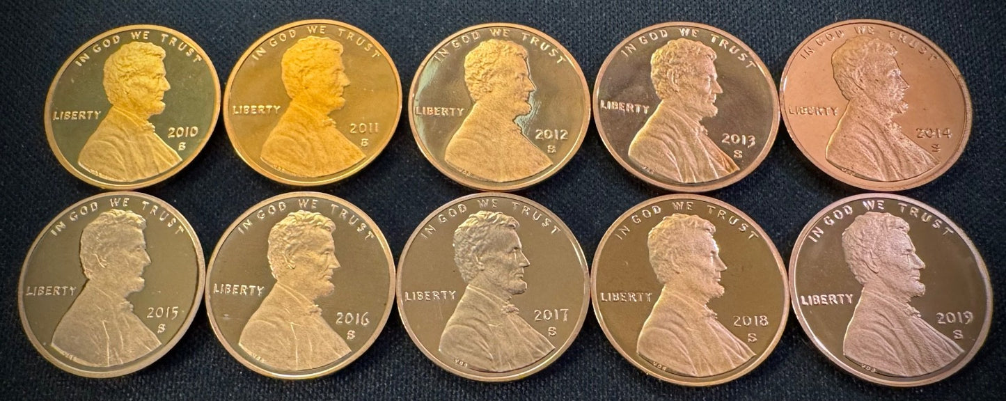 2010-2019 S Lincoln Shield Cent GEM PROOF 10 Coin CONSECUTIVE Years Lot Set0