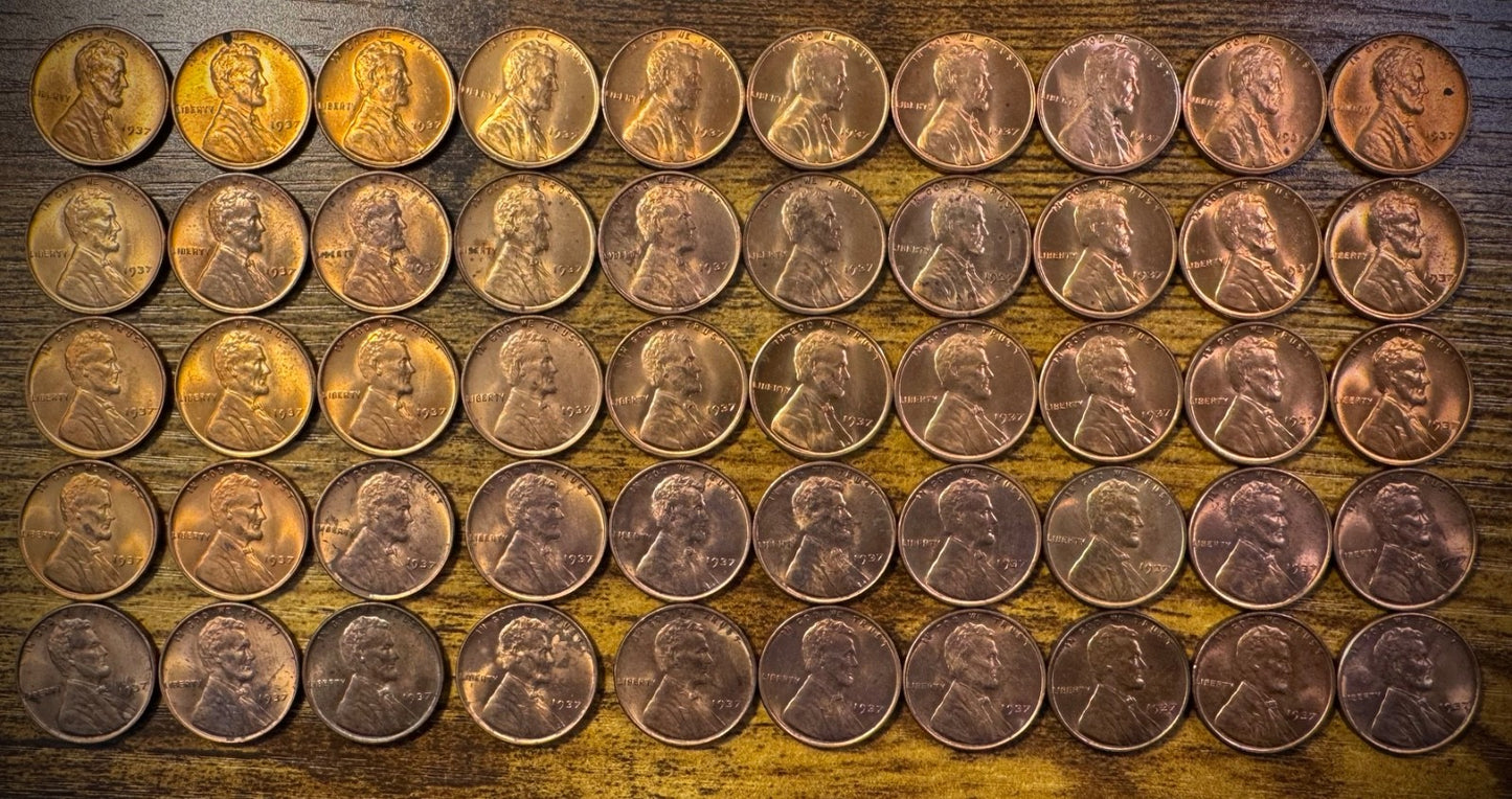 1937 Lincoln Wheat Cent Red-RB Toners Uncirculated Roll Of 50 Coins0