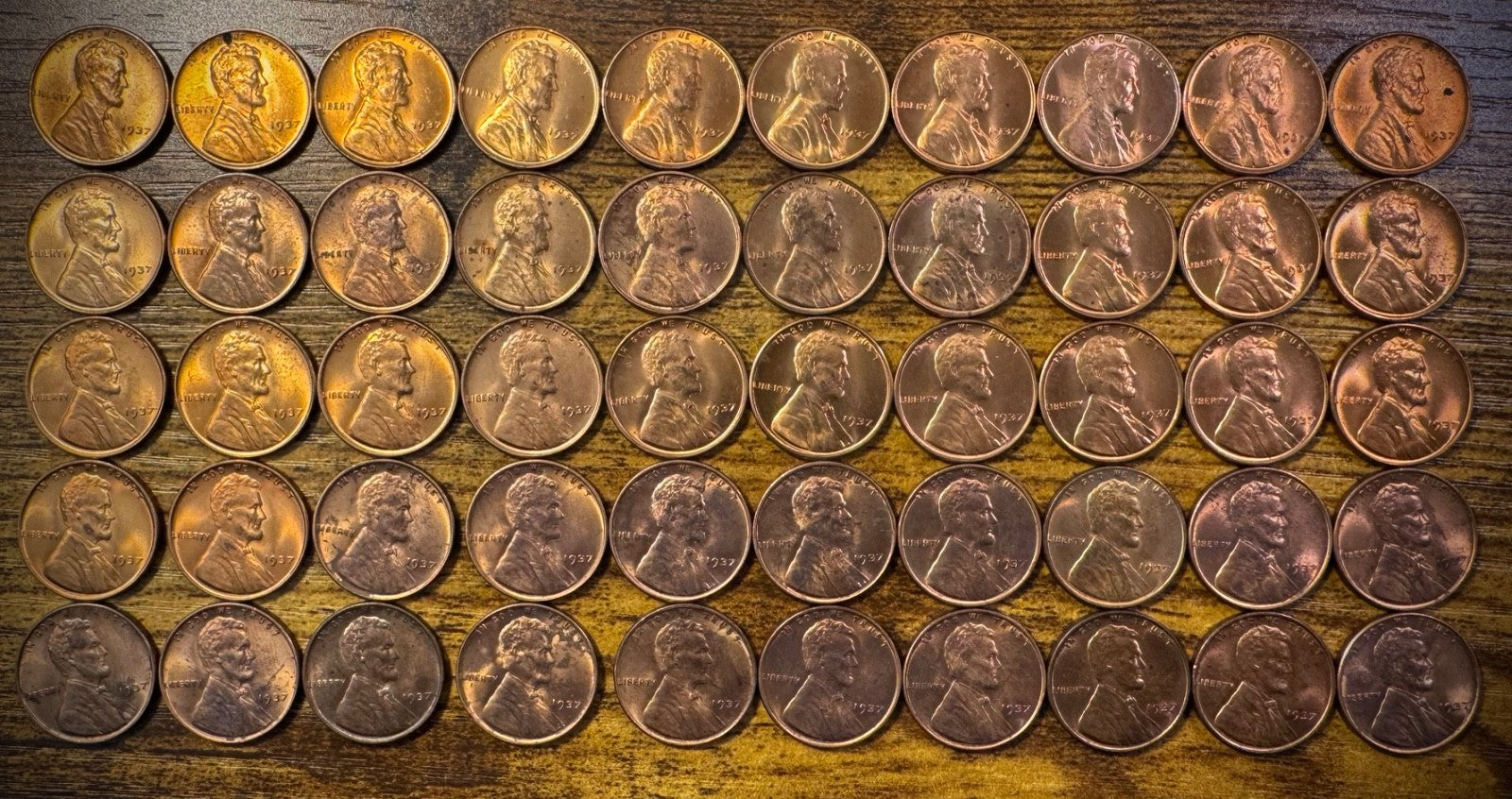 1937 Lincoln Wheat Cent Red-RB Toners Uncirculated Roll Of 50 Coins0