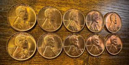 1936 Lincoln Wheat Cent Brilliant Uncirculated Red Lot Of 10 Coins3