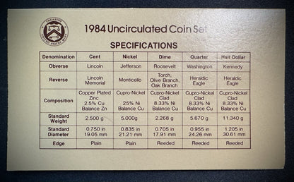 1984 P D Uncirculated Coin Set US Mint Original Government Packaging OGP & COA6