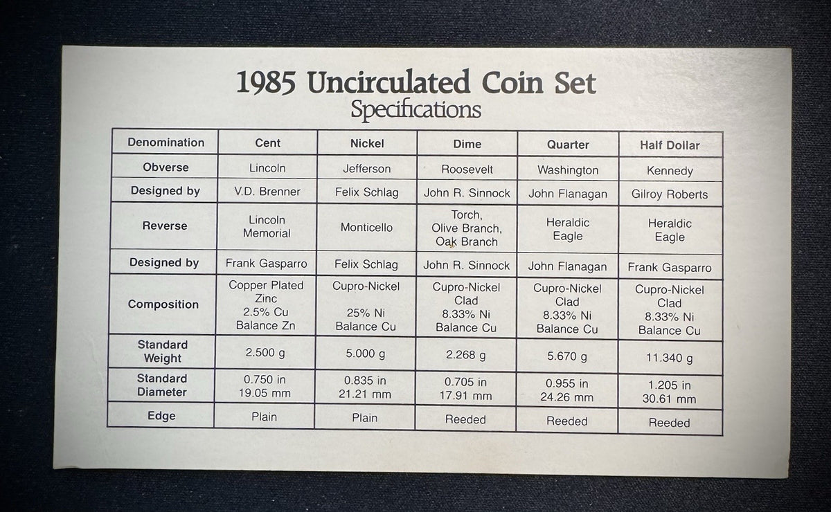 1985 P D Uncirculated Coin Set US Mint Original Government Packaging OGP & COA7