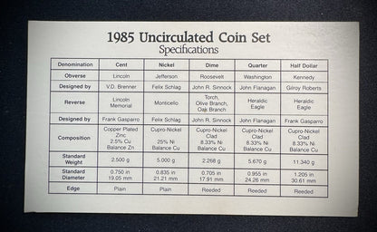 1985 P D Uncirculated Coin Set US Mint Original Government Packaging OGP & COA7