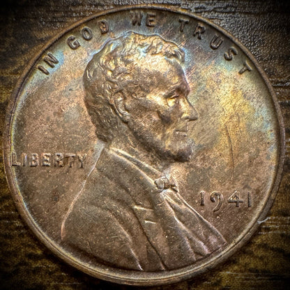 1941 Lincoln Wheat Penny Cent Uncirculated MULTI-COLORED TONING0