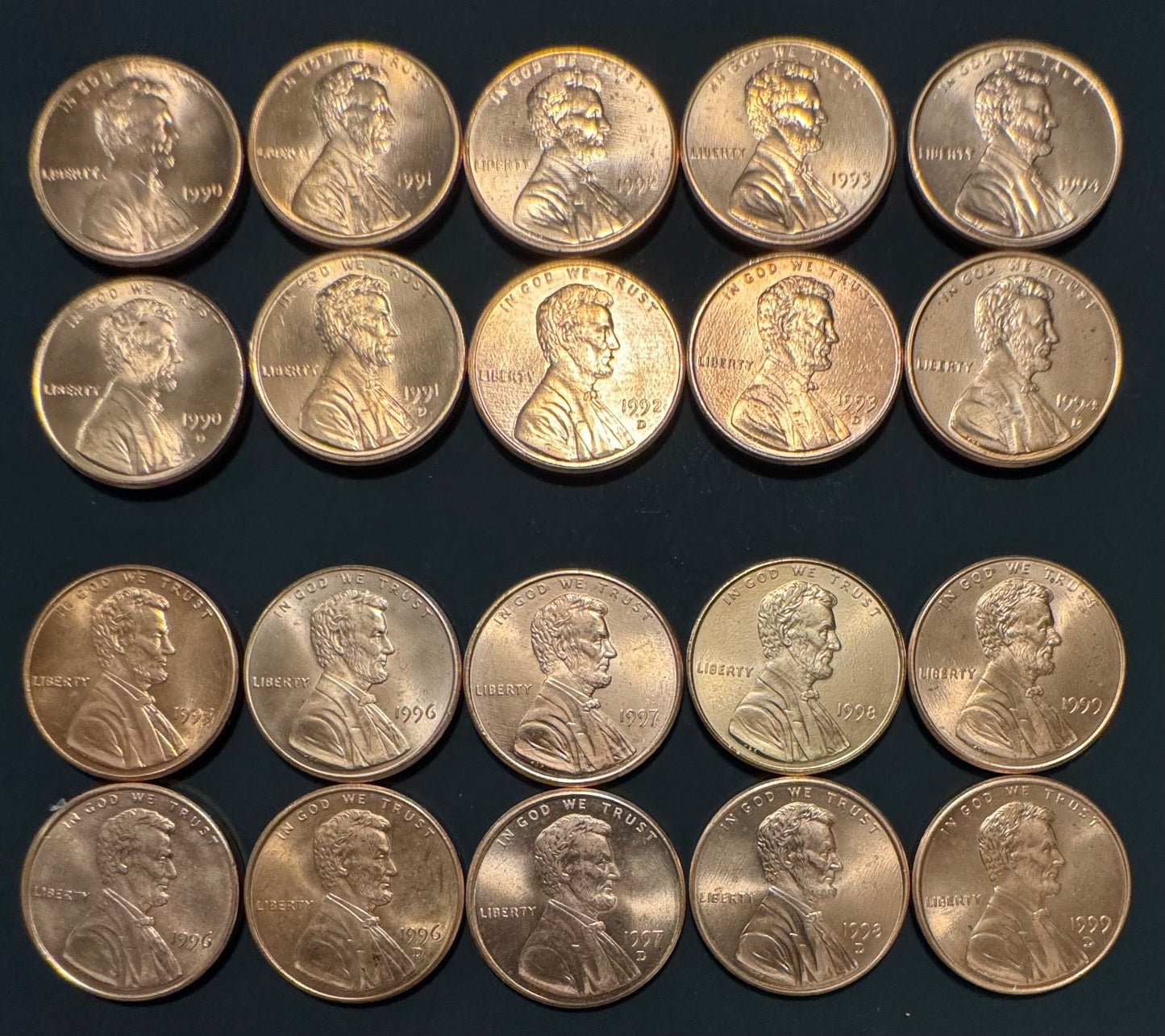 1990-1999 Lincoln Memorial Cent P D Uncirculated BU 20 Coin Lot From Rolls0