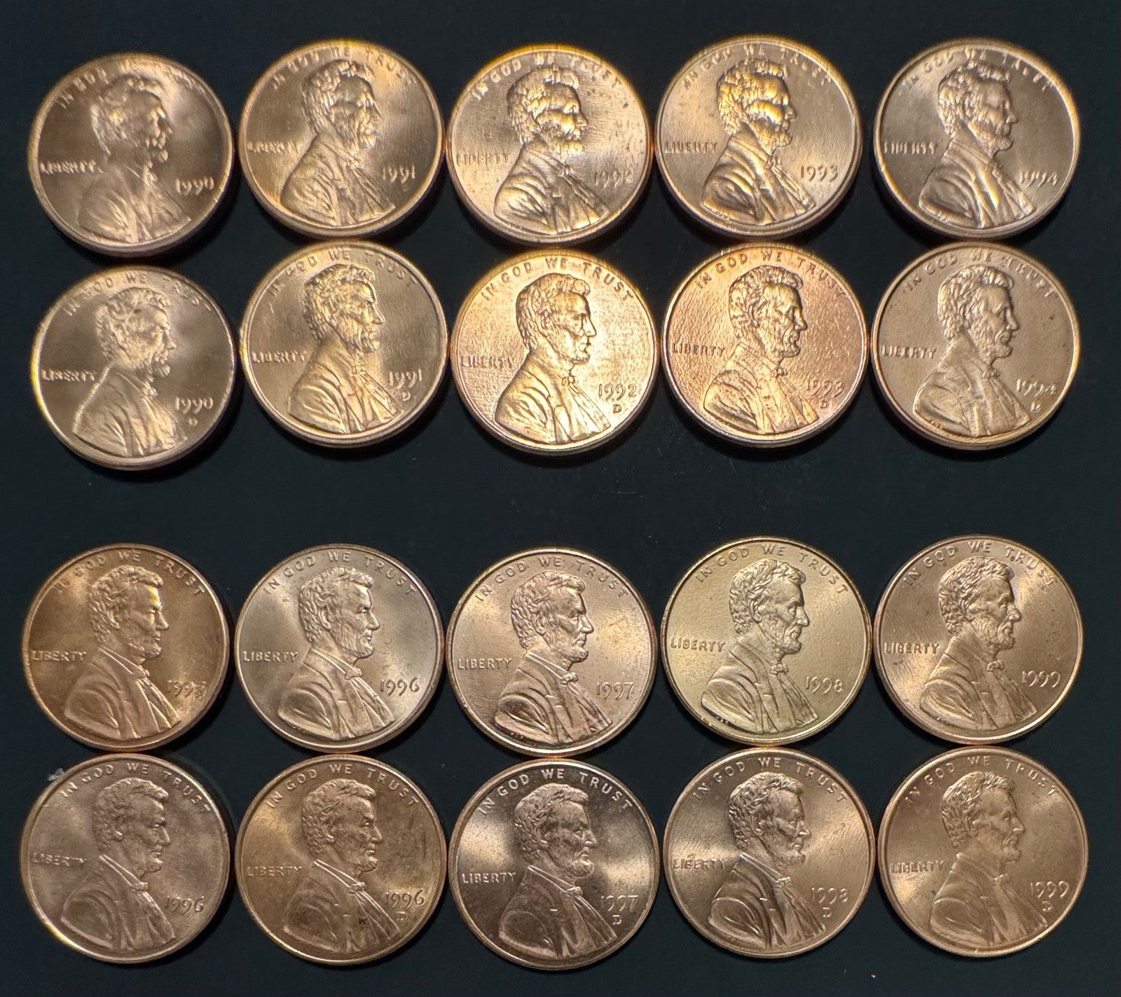 1990-1999 Lincoln Memorial Cent P D Uncirculated BU 20 Coin Lot From Rolls0