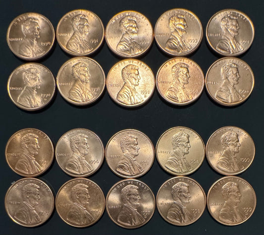 1990-1999 Lincoln Memorial Cent P D Uncirculated BU 20 Coin Lot From Rolls0