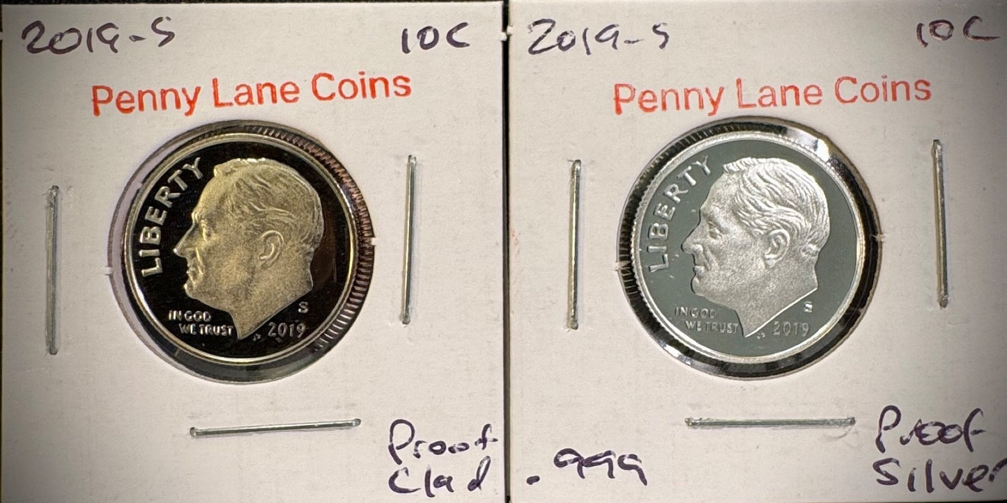 2019-S 99.9% SILVER And Clad PROOF Roosevelt Dime 10C .999 Fine Lot Of 2 Coins2
