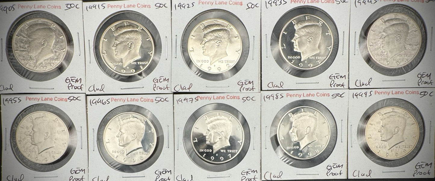 1990-1999 S Kennedy Half Dollar GEM PROOF DEEP ULTRA CAMEO Set Lot Of 10 Coins0