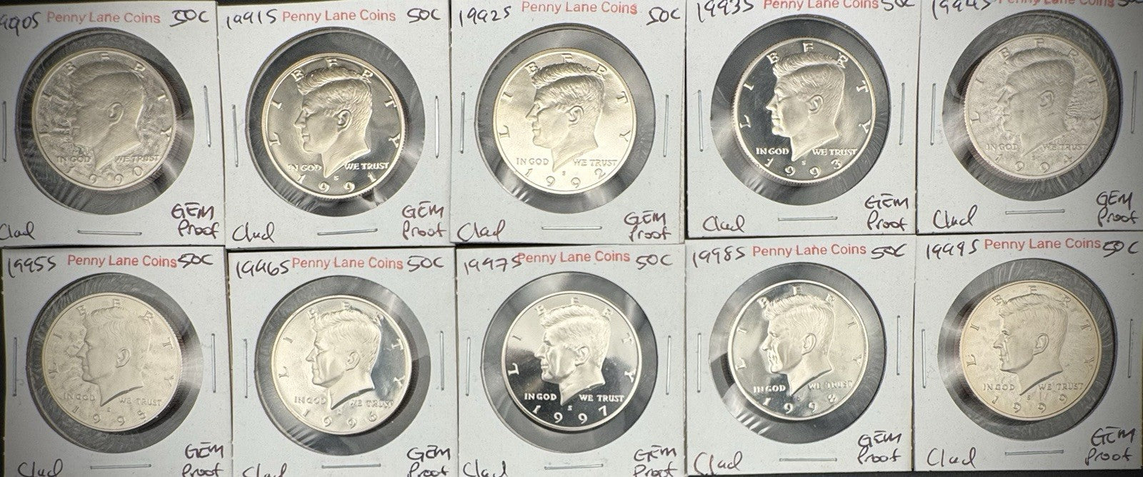 1990-1999 S Kennedy Half Dollar GEM PROOF DEEP ULTRA CAMEO Set Lot Of 10 Coins0