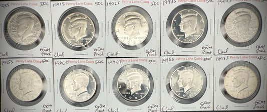 1990-1999 S Kennedy Half Dollar GEM PROOF DEEP ULTRA CAMEO Set Lot Of 10 Coins0