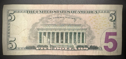 2017 $5 Five Dollar Federal Reserve Note Circulated Scrambled Ladder PA15247638A1