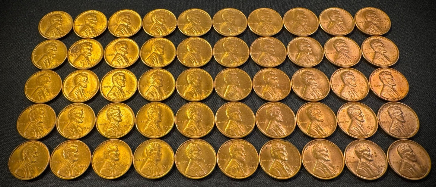 1949-S Lincoln Wheat Cent Penny Red Uncirculated Roll Of 50 Coins1