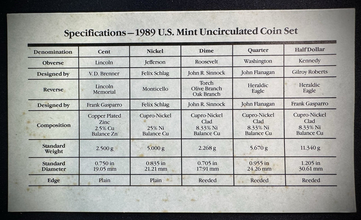1989 P D Uncirculated Coin Set US Mint Original Government Packaging OGP & COA6