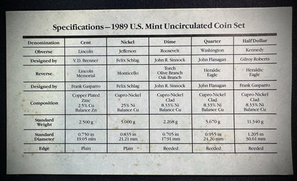 1989 P D Uncirculated Coin Set US Mint Original Government Packaging OGP & COA6