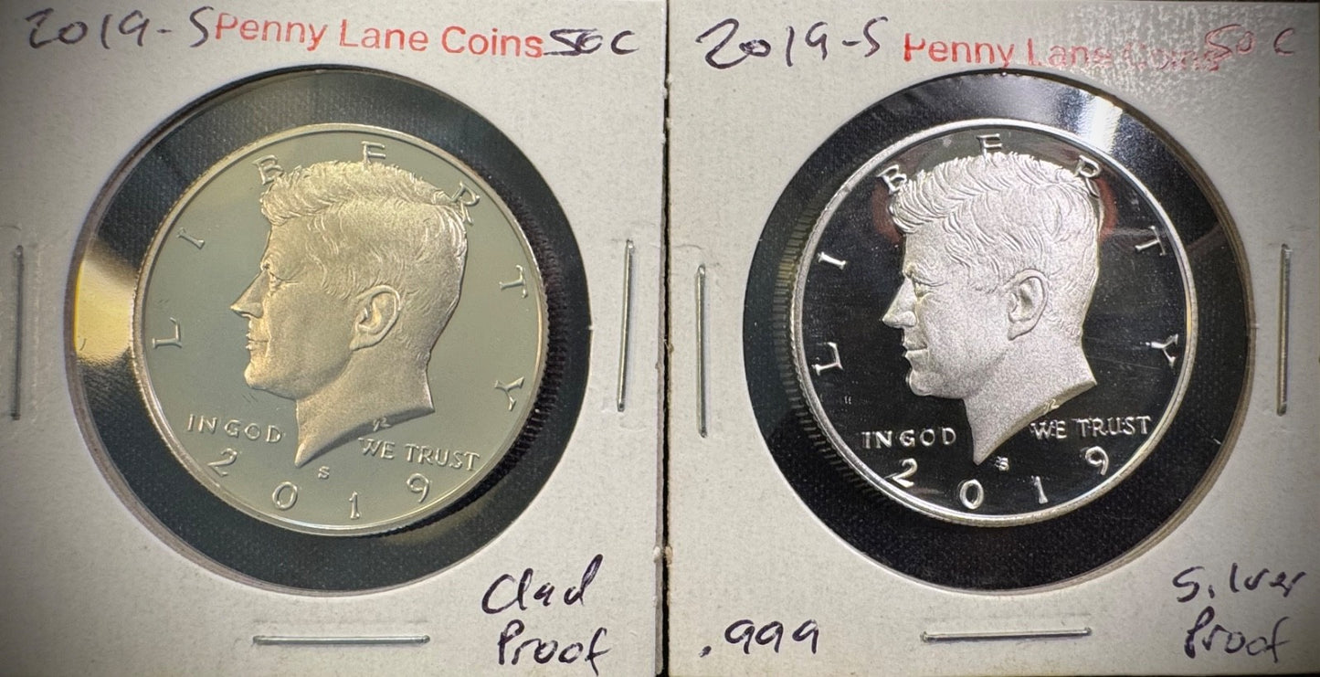 2019-S Kennedy Half Dollar GEM PROOF .999 Silver & Clad 2 Coin Lot Set0