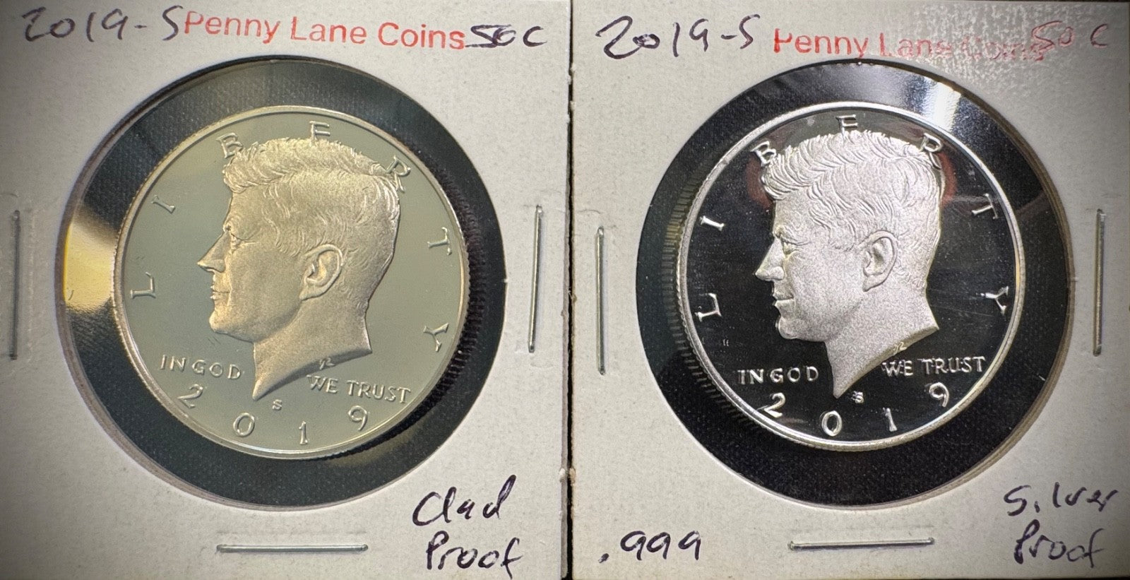 2019-S Kennedy Half Dollar GEM PROOF .999 Silver & Clad 2 Coin Lot Set0
