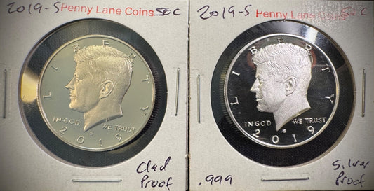 2019-S Kennedy Half Dollar GEM PROOF .999 Silver & Clad 2 Coin Lot Set0