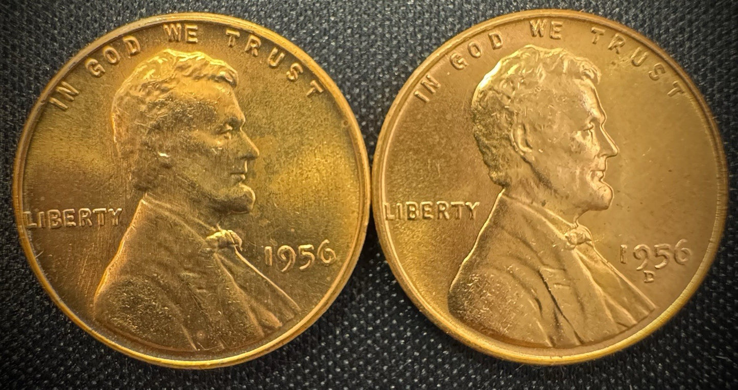 1956 P & D Lincoln Wheat Cent Uncirculated BU 2 Coin Lot From Original Rolls0