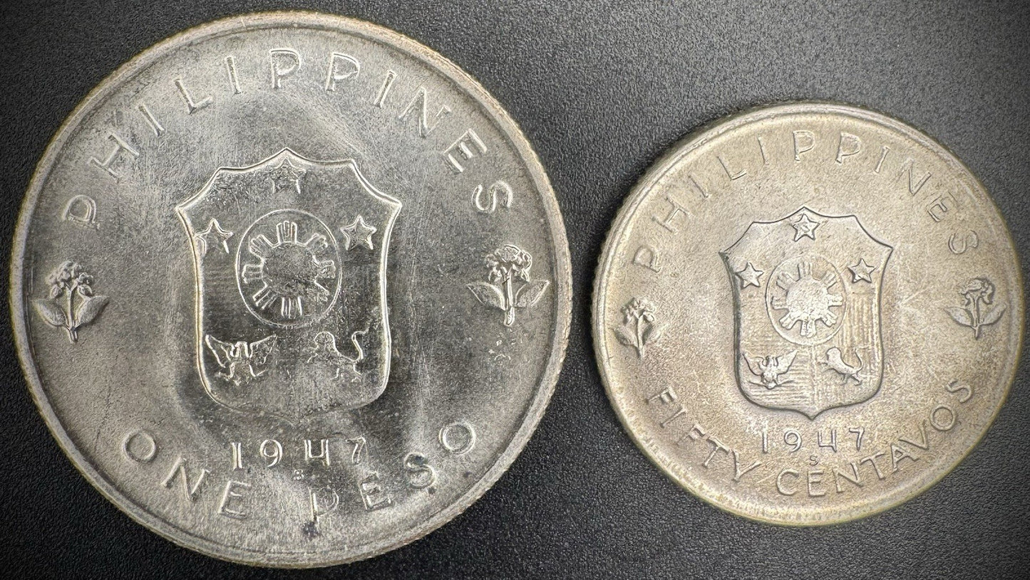 1947-S Phillipines Macarthur Silver BU 1 Peso & 50 Centavos Set of 2 Coins1