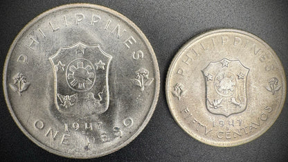 1947-S Phillipines Macarthur Silver BU 1 Peso & 50 Centavos Set of 2 Coins1