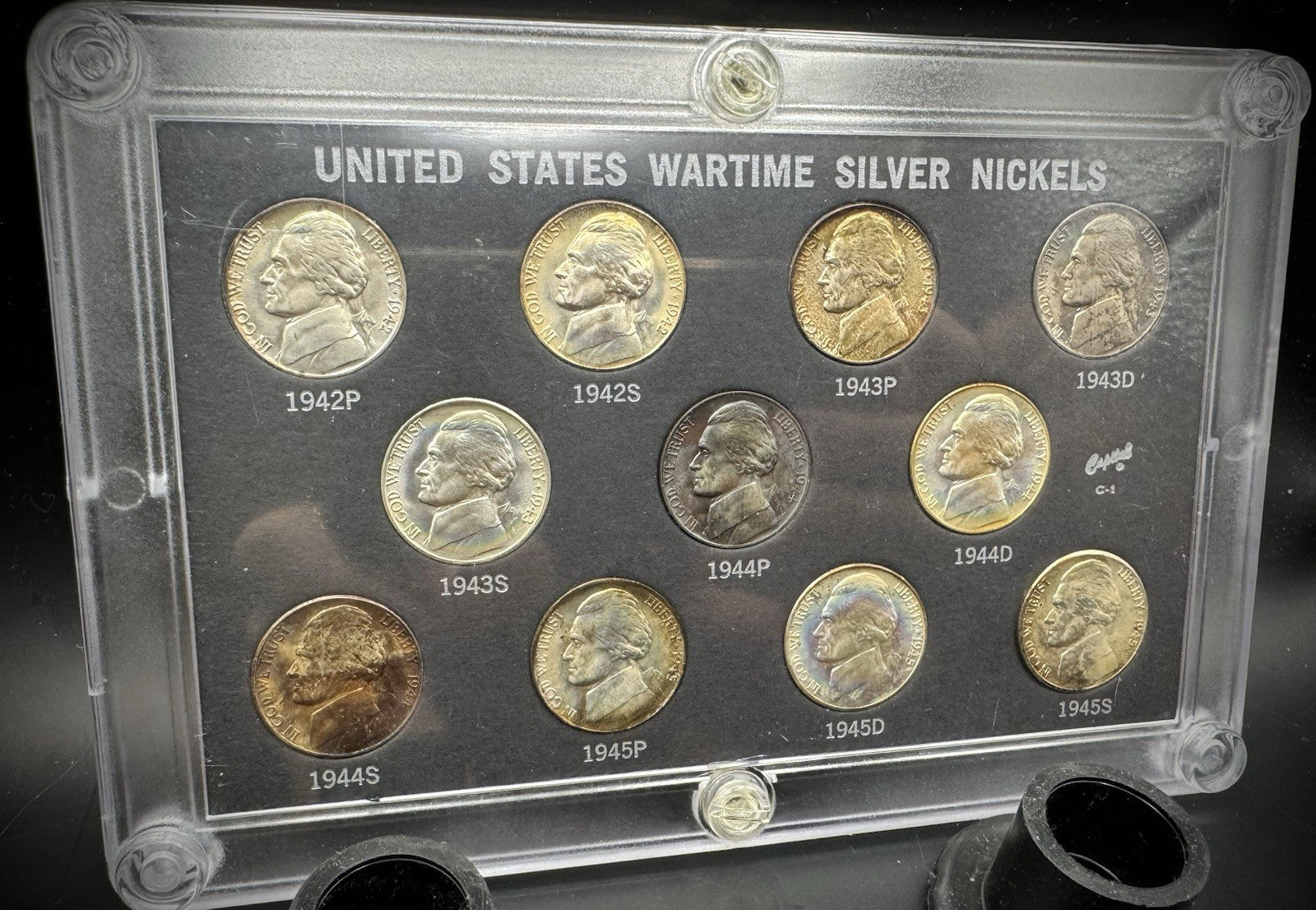 1942-1945 US Wartime Silver Nickel TONED BU Set 11 Coins Capitol Plastic Holder2
