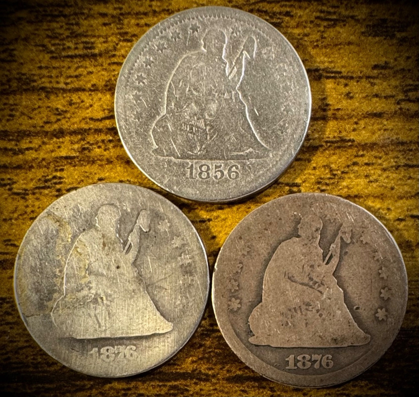 1856 1876 1876-CC Seated Liberty Quarter Lot Of 3 Coins0